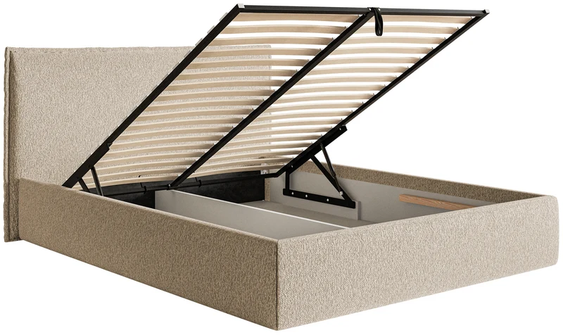 Polsterbett 180x200 cm Softie Slim mit Stauraum, hellbeiger Chenille, Metallrahmen