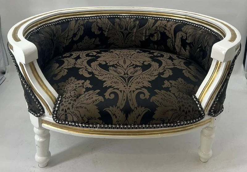 Casa Padrino Barock Hundebett & Katzenbett Schwarz Muster / Weiß / Gold - Handgefertigtes Hunde & Katzen Sofa im Barockstil - Barock Hunde & Katzen Möbel - Barock Tiermöbel