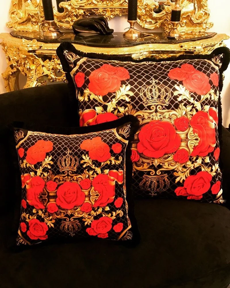 Riesiges XXL Luxus Barock Kissen "Roses" Pompöös by Casa Padrino von Harald Glööckler 80 x 80 cm mit funkelnden Glitzersteinen