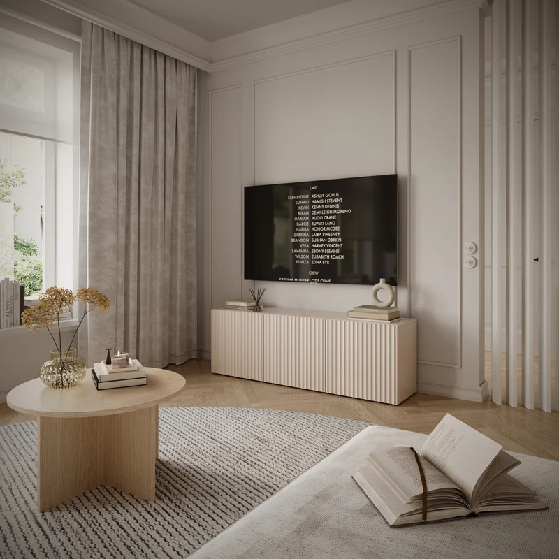 Drehtüriger TV-Schrank Sunds mit gerillten Fronten, 150 cm, Kaschmir