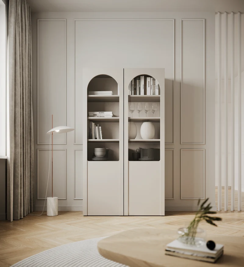 Zweiflügeliger Arkadia-Schrank mit gefrästen und verglasten Fronten, 100 cm, Kaschmirfarben