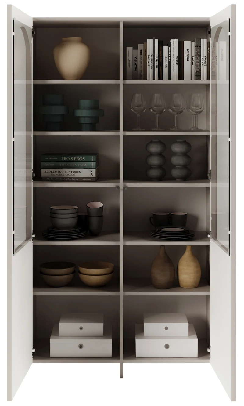 Zweiflügeliger Arkadia-Schrank mit gefrästen und verglasten Fronten, 100 cm, Kaschmirfarben