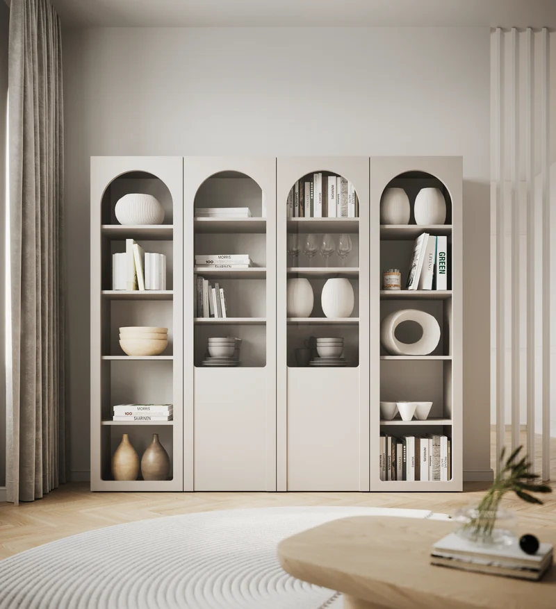Zweiflügeliger Arkadia-Schrank mit gefrästen und verglasten Fronten, 100 cm, Kaschmirfarben