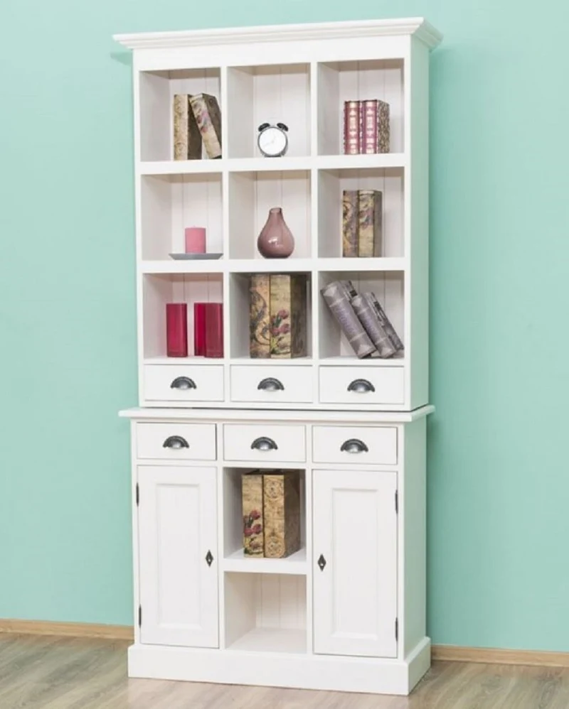 Casa Padrino Landhausstil Schrank Weiß 97 x 40 x H. 210 cm - Massivholz Regalschrank mit 2 Türen und 6 Schubladen - Möbel im Landhausstil