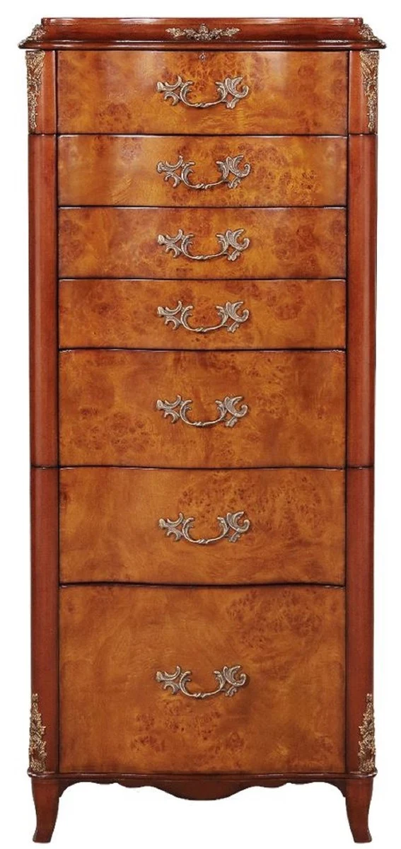 Casa Padrino Luxus Barock Schmuckkommode Hellbraun / Braun / Silber 56 x 36 x H. 128 cm - Edle Massivholz Kommode mit Spiegel - Schmuckschrank im Barockstil - Barock Möbel