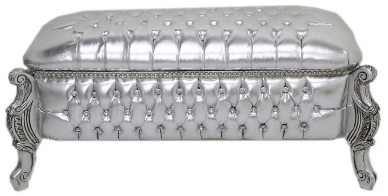 Casa Padrino Barock Sitzbank / Truhe Silber Lederoptik / Silber - Gepolsterte Massivholz Bank mit Glitzersteinen - Möbel im Barockstil