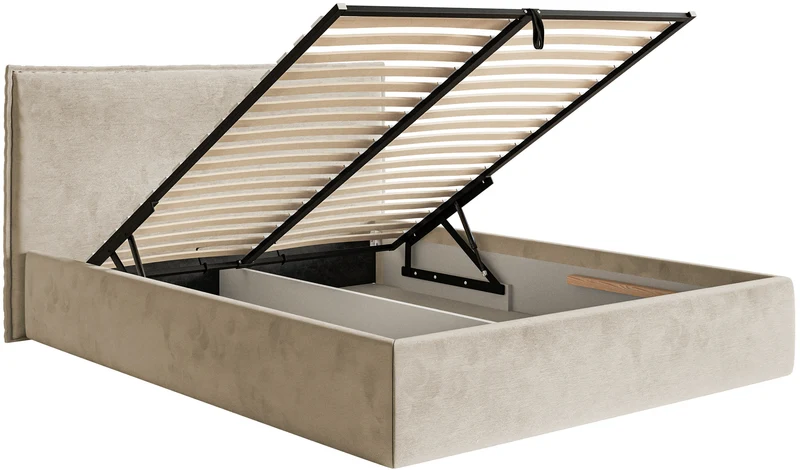 Polsterbett 200x200 cm Softie Slim mit Stauraum, beige, hydrophober Samt, Metallrahmen