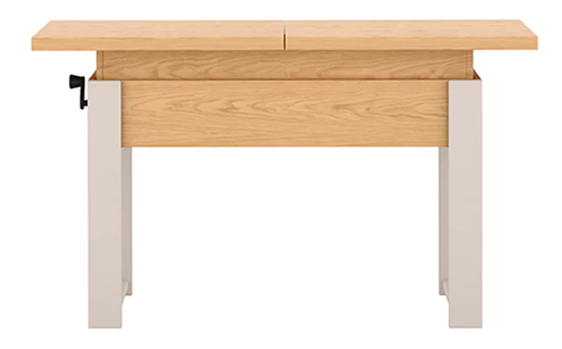 Ausziehbarer Couchtisch Hugo 120(157)x67 cm in Eiche Bookmatch mit kaschmirfarbenen Beinen