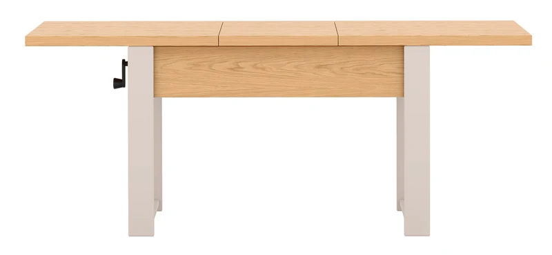 Ausziehbarer Couchtisch Hugo 120(157)x67 cm in Eiche Bookmatch mit kaschmirfarbenen Beinen
