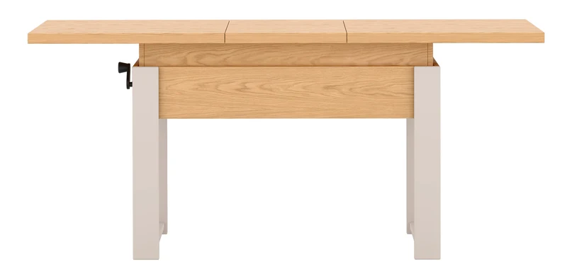 Ausziehbarer Couchtisch Hugo 120(157)x67 cm in Eiche Bookmatch mit kaschmirfarbenen Beinen