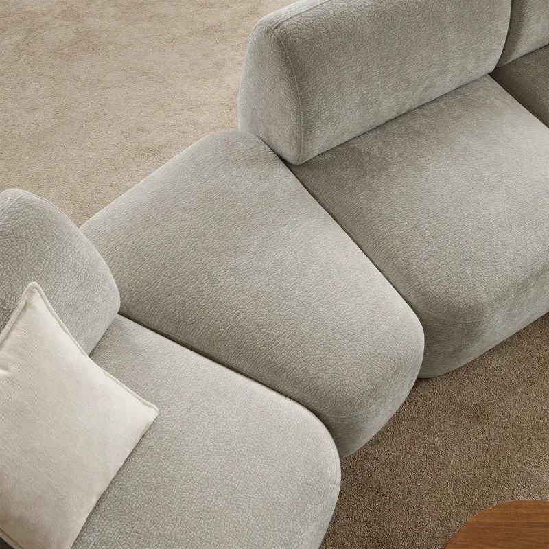 Modulare Eckcouch Bommo in L-Form mit Hocker, linksseitig, grau-beige Chenille