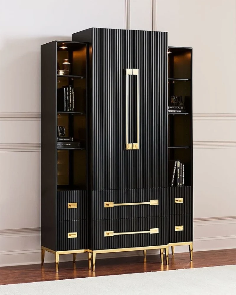 Casa Padrino Luxus Vitrine mit LED Beleuchtung Schwarz / Gold 124 x 57 x H. 177 cm - Beleuchteter Massivholz Vitrinenschrank mit 2 Türen und 6 Schubladen - Wohnzimmer Möbel - Luxus Möbel