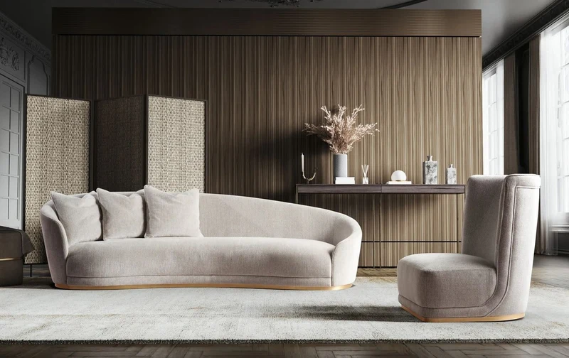 Casa Padrino Luxus Sofa Hellgrau / Messing 308 x 110 x H. 90 cm - Gebogenes Wohnzimmer Sofa - Hotel Sofa - Wohnzimmer Möbel - Hotel Möbel - Luxus Möbel - Luxus Einrichtung - Wohnzimmer Einrichtung