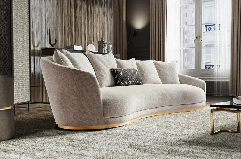 Casa Padrino Luxus Sofa Hellgrau / Messing 308 x 110 x H. 90 cm - Gebogenes Wohnzimmer Sofa - Hotel Sofa - Wohnzimmer Möbel - Hotel Möbel - Luxus Möbel - Luxus Einrichtung - Wohnzimmer Einrichtung