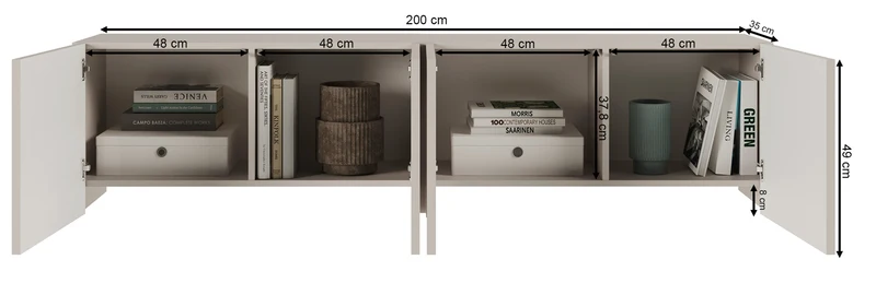 Vier-türiger TV-Schrank Arkadia mit gefrästen Fronten, 200 cm, Eiche Dunin