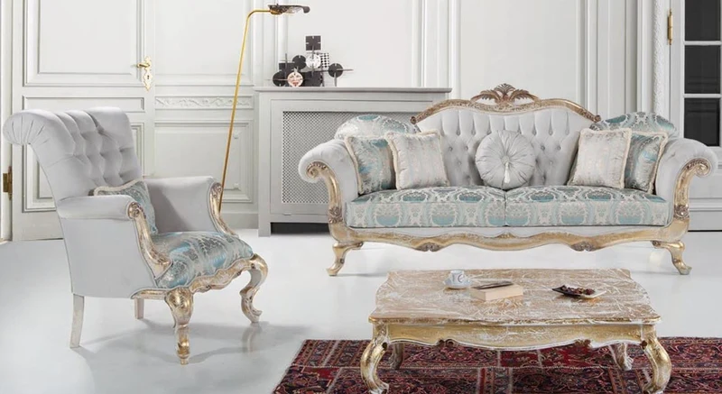 Casa Padrino Luxus Barock Wohnzimmer Set Grau / Türkis / Antik Gold - 2 Sofas & 2 Sessel & 1 Couchtisch - Wohnzimmer Möbel im Barockstil - Edel & Prunkvoll