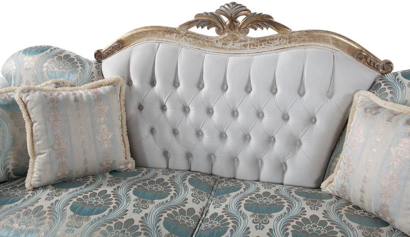 Casa Padrino Luxus Barock Wohnzimmer Set Grau / Türkis / Antik Gold - 2 Sofas & 2 Sessel & 1 Couchtisch - Wohnzimmer Möbel im Barockstil - Edel & Prunkvoll