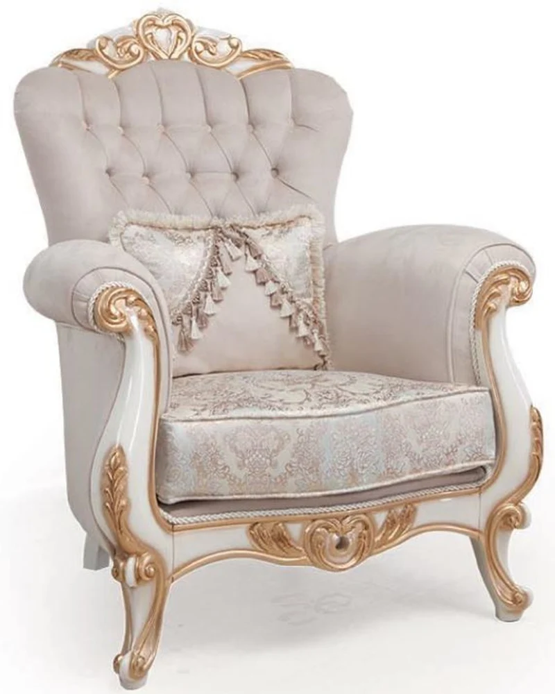 Casa Padrino Luxus Barock Wohnzimmer Sessel mit Kissen Hellgrau / Weiß / Bronze 95 x 75 x H. 120 cm - Möbel im Barockstil