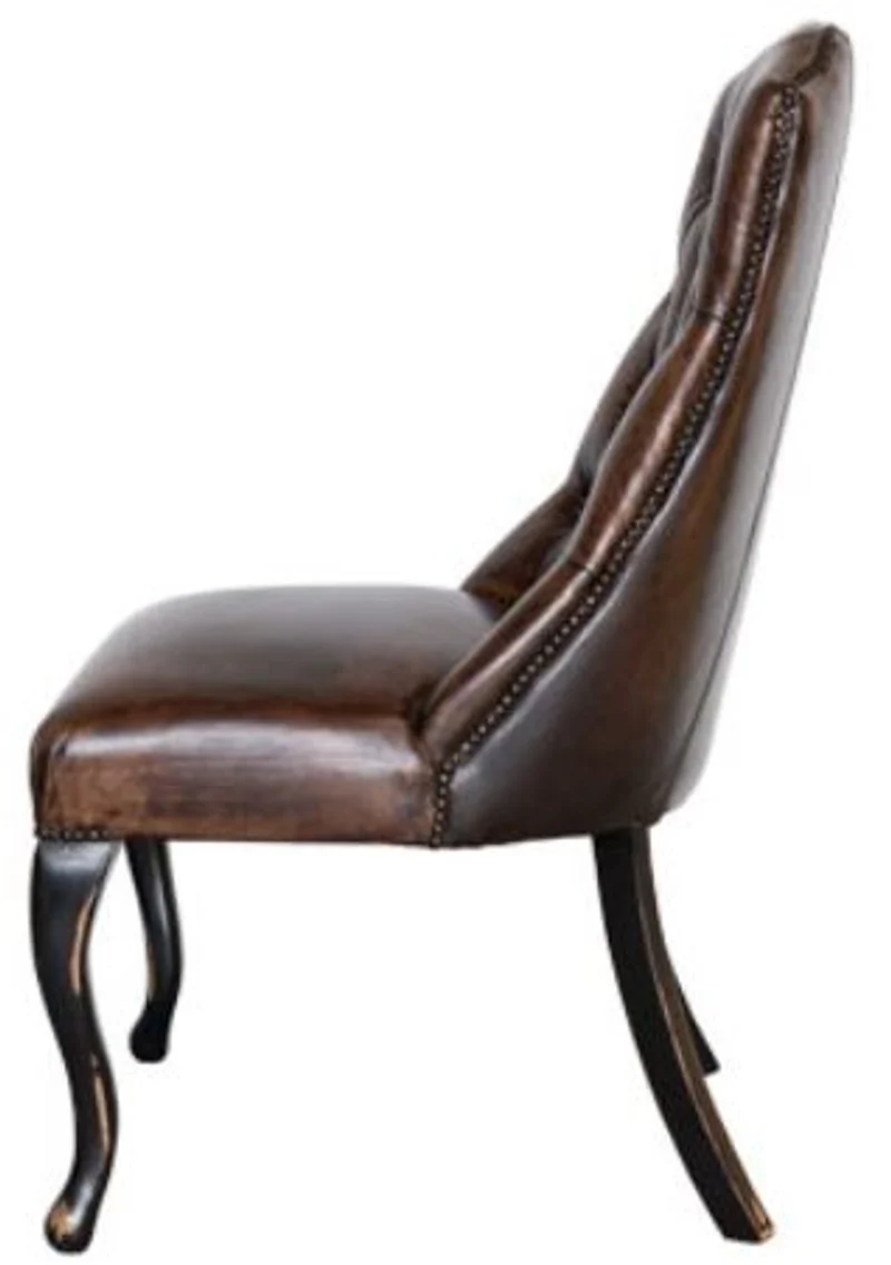 Casa Padrino Chesterfield Esszimmerstuhl Vintage Dunkelbraun / Antik Schwarz - Edler Echtleder Stuhl - Chesterfield Möbel