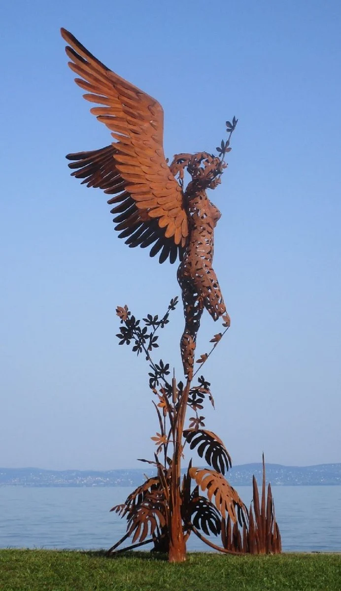 Casa Padrino Luxus Deko Skulptur Engel Rost 200 x 145 x H. 370 cm - Riesige Stahl Skulptur - Riesige Garten Deko Figur - Garten Skulpturen - Metall Skulpturen