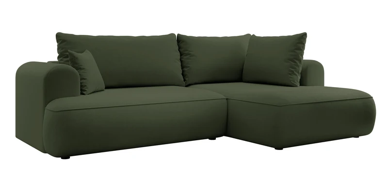 Ecksofa mit Schlaffunktion Ovo, L-förmig, mit Armlehne und Stauraum, olivfarbener, pflegeleichter Samt, rechtsseitig