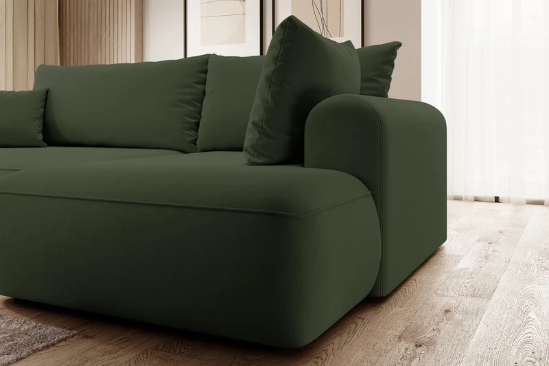 Ecksofa mit Schlaffunktion Ovo, L-förmig, mit Armlehne und Stauraum, olivfarbener, pflegeleichter Samt, rechtsseitig