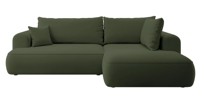 Ecksofa mit Schlaffunktion Ovo, L-förmig, mit Armlehne und Stauraum, olivfarbener, pflegeleichter Samt, rechtsseitig