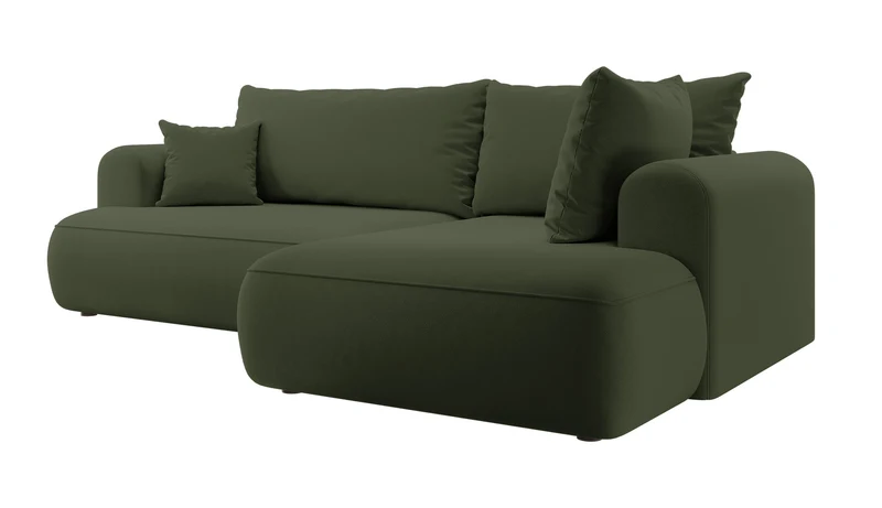 Ecksofa mit Schlaffunktion Ovo, L-förmig, mit Armlehne und Stauraum, olivfarbener, pflegeleichter Samt, rechtsseitig