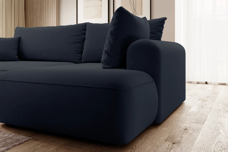 Ecksofa mit Schlaffunktion Ovo, L-förmig, mit Armlehne und Stauraum, marineblauer, leicht zu reinigender Samt, rechtsseitig