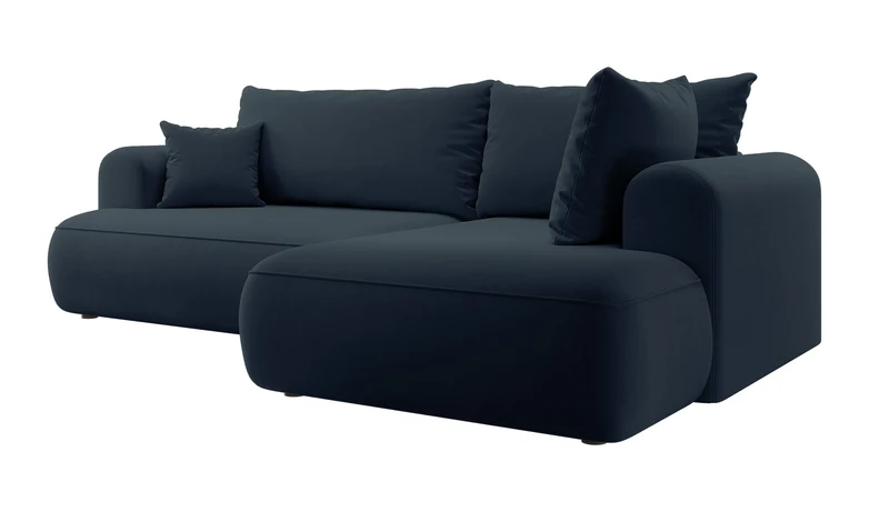Ecksofa mit Schlaffunktion Ovo, L-förmig, mit Armlehne und Stauraum, marineblauer, leicht zu reinigender Samt, rechtsseitig