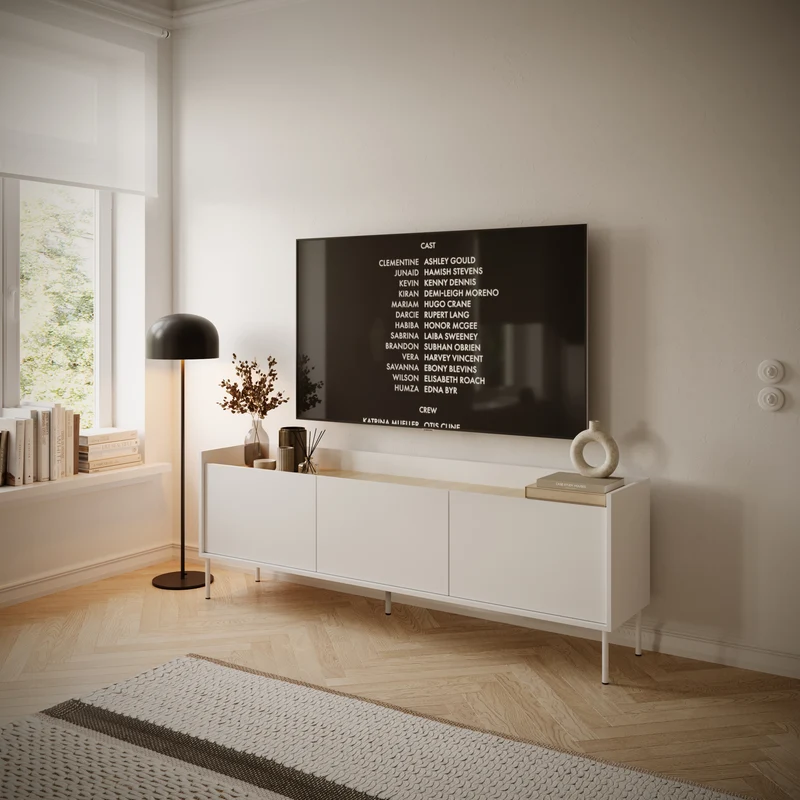 TV-Schrank Tovi, dreitürig, 175 cm, weiß/Lindberg-Eiche
