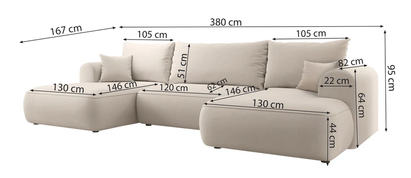 Ecksofa mit Schlaffunktion Ovo U-förmig mit Stauraum, beige Bouclé, universell einsetzbar