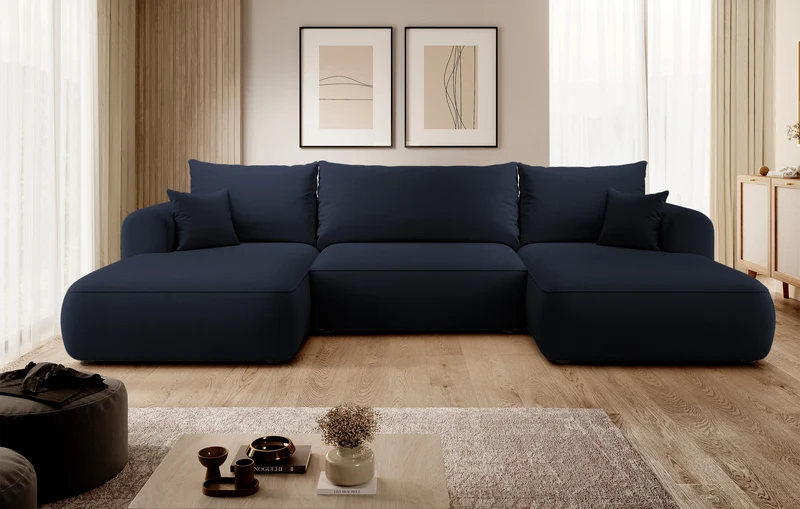 Ecksofa mit Schlaffunktion Ovo U-förmig mit Stauraum, marineblauer, pflegeleichter Samt, universell einsetzbar