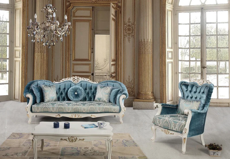 Casa Padrino Luxus Barock Wohnzimmer Set Blau / Weiß / Gold - 2 Sofas & 2 Sessel & 1 Couchtisch - Prunkvolle Wohnzimmer Möbel im Barockstil