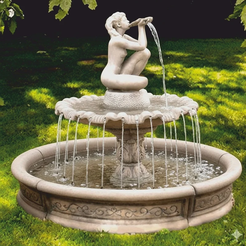 Casa Padrino Barock Springbrunnen Grau Ø 192 x H. 159 cm - Eleganter Gartenbrunnen mit Umrandung - Barock & Jugendstil Gartendeko Brunnen