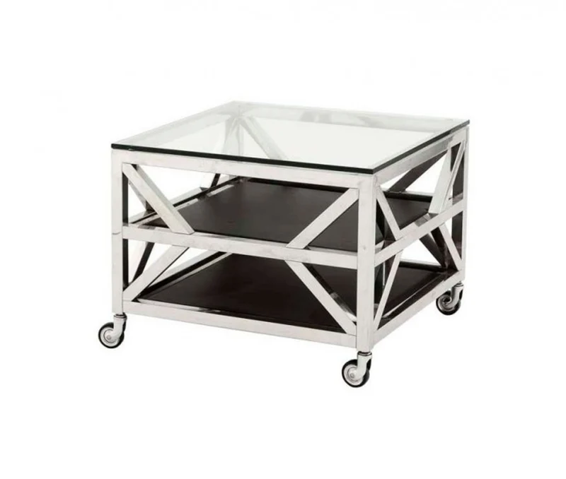 Casa Padrino Luxus Art Deco Designer Beistelltisch mit Glasplatte, polierter Stahl und schwarze Leder-Optik, 65 x 65 x H. 50 cm