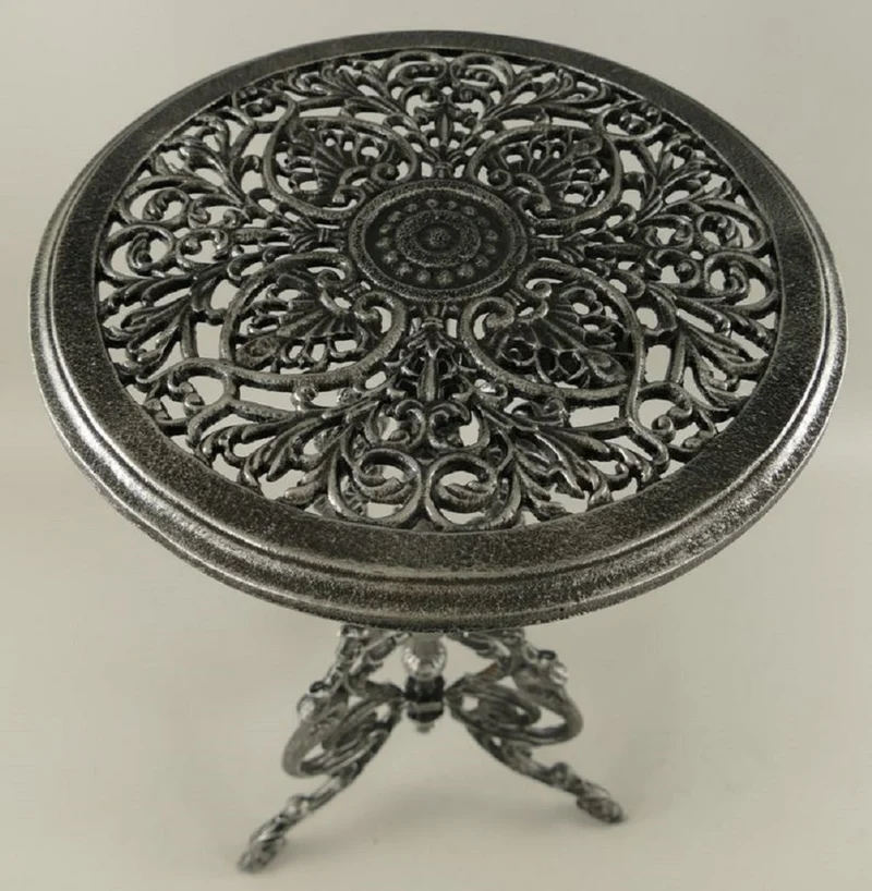 Casa Padrino Jugendstil Garten Beistelltisch Antik Grau / Schwarz Ø 36 x H. 70 cm - Runder Garten Metall Tisch - Runder Blumentisch - Barock & Jugendstil Garten Möbel