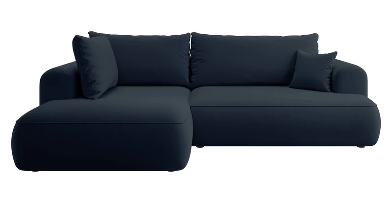 Ecksofa mit Schlaffunktion Ovo, L-förmig, mit Armlehne und Stauraum, marineblauer, leicht zu reinigender Samt, linksseitig