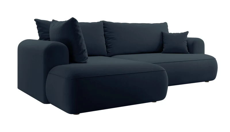Ecksofa mit Schlaffunktion Ovo, L-förmig, mit Armlehne und Stauraum, marineblauer, leicht zu reinigender Samt, linksseitig