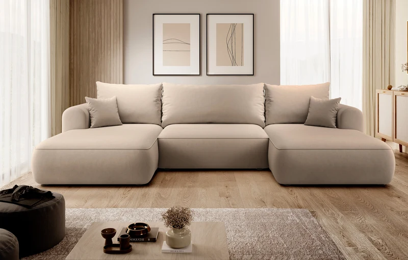 Ecksofa mit Schlafunktion Ovo U-förmig mit Stauraum, beige, pflegeleichter Samt, universell einsetzbar