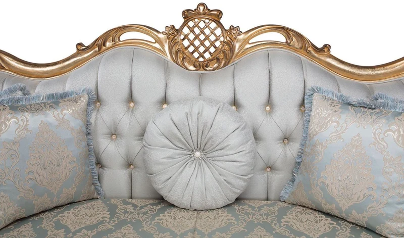 Casa Padrino Luxus Barock Wohnzimmer Sofa mit dekorativen Kissen Hellblau / Türkis / Gold 222 x 82 x H. 120 cm - Barock Wohnzimmermöbel