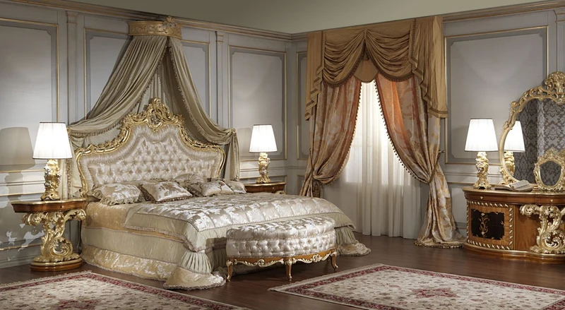 Casa Padrino Luxus Barock Schlafzimmer Set - 1 Doppelbett mit Kopfteil & 1 Baldachin & 2 Nachttische & 1 Sitzbank - Barock Schlafzimmer Möbel - Barock Hotel Möbel - Edel & Prunkvoll
