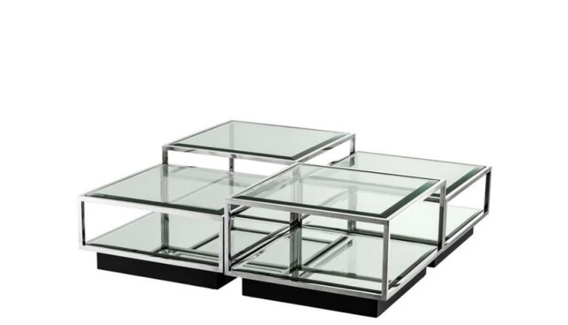 Casa Padrino Art Deco Luxus Couchtisch 4er Set, Wohnzimmer Tisch aus poliertem Edelstahl und schwarzem Spiegelglas 65 x 65 x H. 40 cm