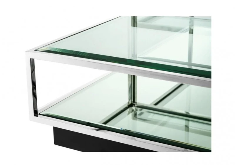 Casa Padrino Art Deco Luxus Couchtisch 4er Set, Wohnzimmer Tisch aus poliertem Edelstahl und schwarzem Spiegelglas 65 x 65 x H. 40 cm