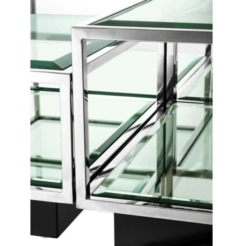 Casa Padrino Art Deco Luxus Couchtisch 4er Set, Wohnzimmer Tisch aus poliertem Edelstahl und schwarzem Spiegelglas 65 x 65 x H. 40 cm