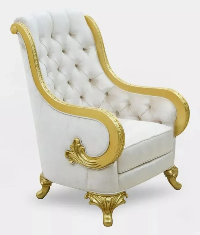 Casa Padrino Luxus Barock Wohnzimmer Sessel Hellgrau / Gold - Handgefertigter Barockstil Sessel - Luxus Wohnzimmer Möbel im Barockstil - Barock Möbel - Edel & Prunkvoll