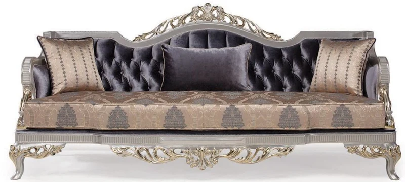 Casa Padrino Luxus Barock Wohnzimmer Sofa mit Kissen Lila / Beige / Silber / Gold 228 x 93 x H. 108 cm - Barockmöbel