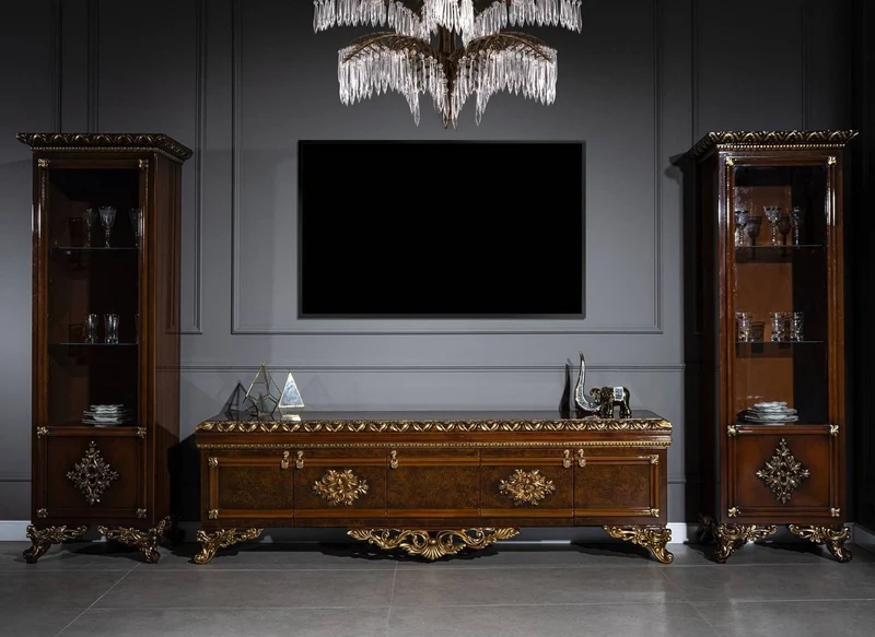 Casa Padrino Luxus Barock Vitrine Braun / Gold - Handgefertigter Massivholz Vitrinenschrank - Barock Wohnzimmer Möbel