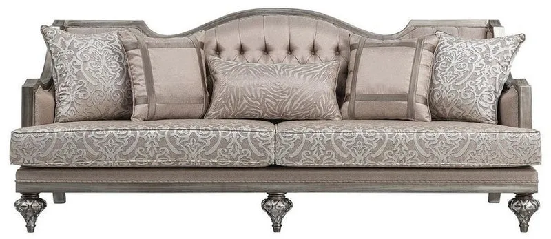 Casa Padrino Luxus Barock Wohnzimmer Sofa Rosa / Silber - Handgefertigtes Massivholz Sofa mit elegantem Muster und dekorativen Kissen - Wohnzimmer Möbel im Barockstil