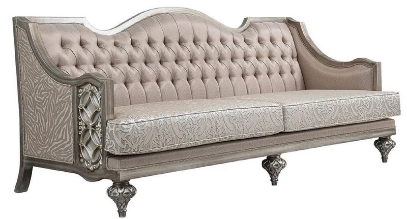 Casa Padrino Luxus Barock Wohnzimmer Sofa Rosa / Silber - Handgefertigtes Massivholz Sofa mit elegantem Muster und dekorativen Kissen - Wohnzimmer Möbel im Barockstil